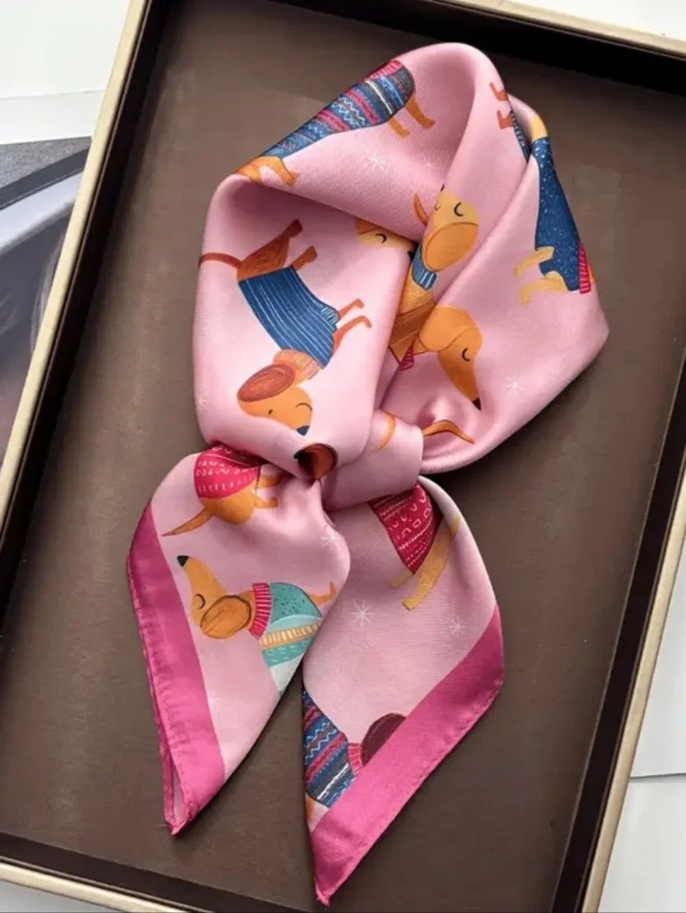 Silk-feel Pink Dog  Print  Scarf Head Scarf , Neck Scarf